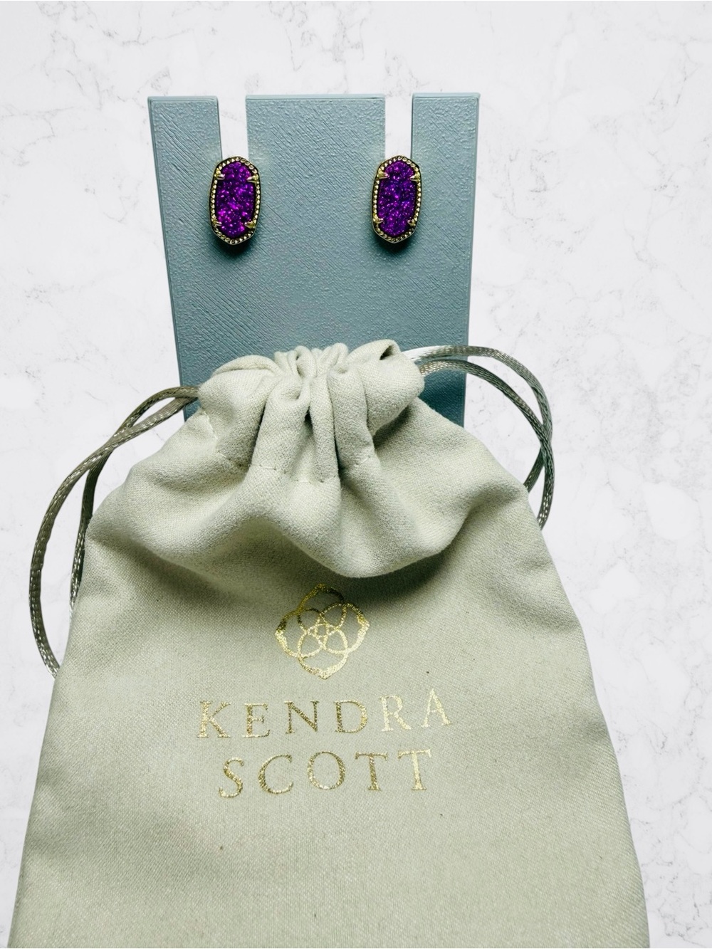 Kendra Scott Ellie Stud Earrings Gold Tone Fuchsia Color Drusy Oval Stone W Bag